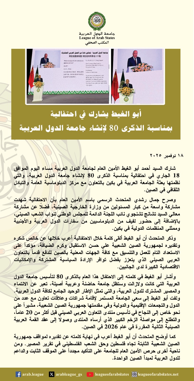 أبو الغيط: جامعة الدول العربية دايمًا حاضنة وبتعبر عن هويتنا العربية 3 1763468239 534 أبو الغيط جامعة الدول العربية دايمًا حاضنة وبتعبر عن هويتنا